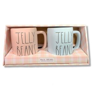Rae Dunn light pink and baby blue mugs that say JELLY BEANS Easter mugs